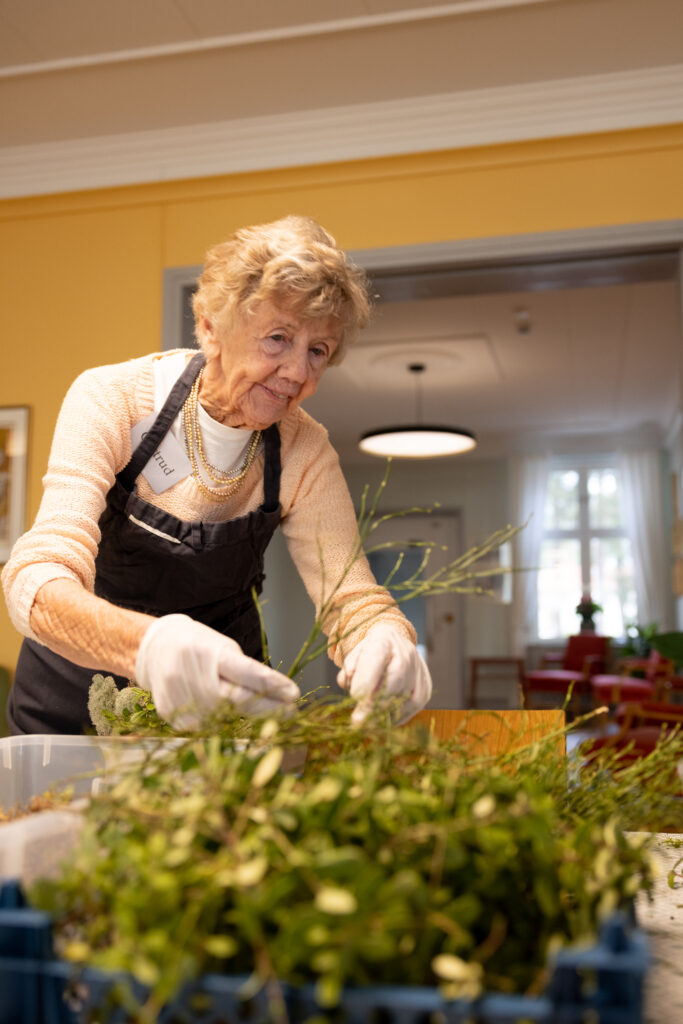 På Hedåsgården seniorcenter's dagverksamhet arbetar en kvinna med växter.